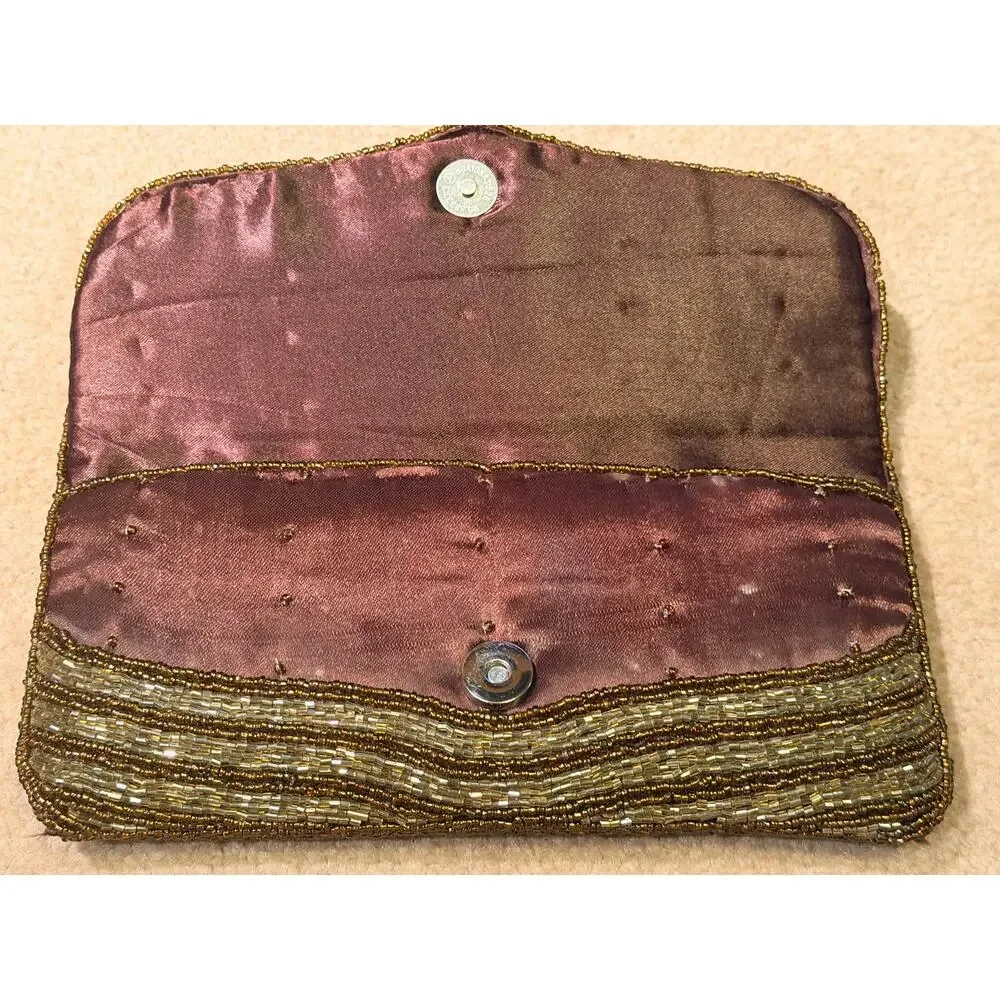 Vintage Beaded Clutch Purse Gold Bronze Paisley Evening Bag Flap Magnetic Snap